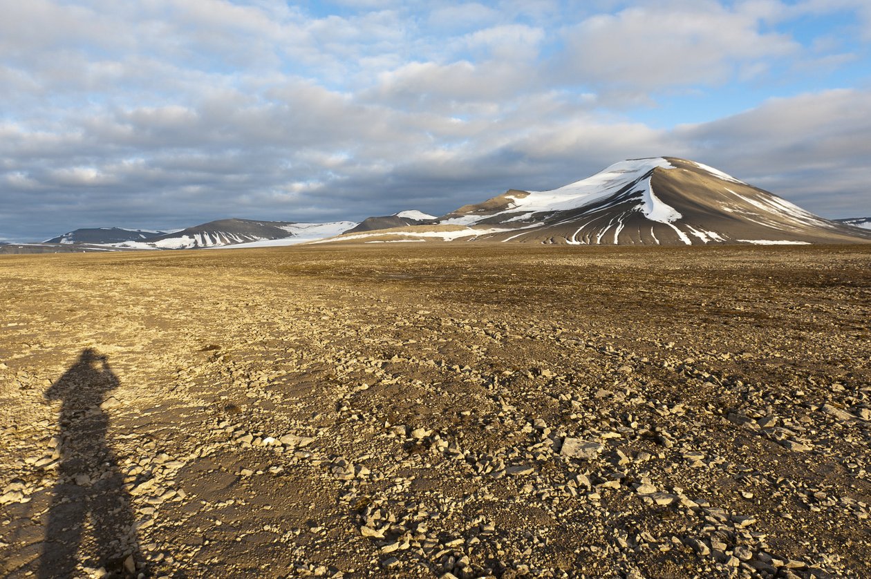 Shadow of a Human, Polygonal Structural Soil on Plataberget, Snow-Covered Peak Nordenskjoeldfjellet in the Back, Near Longyearbyen, Spitsbergen, Svalbard, Norway by Unbekannt