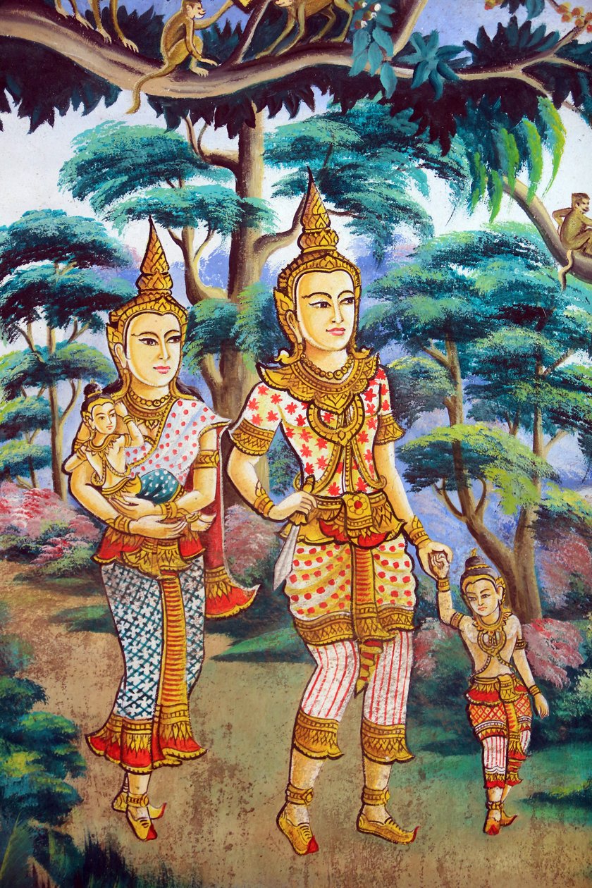 Siddhartha Gautama, his wife Yashodhara and his son Rahula, painting depicting the life story of Shakyamuni Buddha, Wat Naxai, Vientiane, Laos by Unbekannt