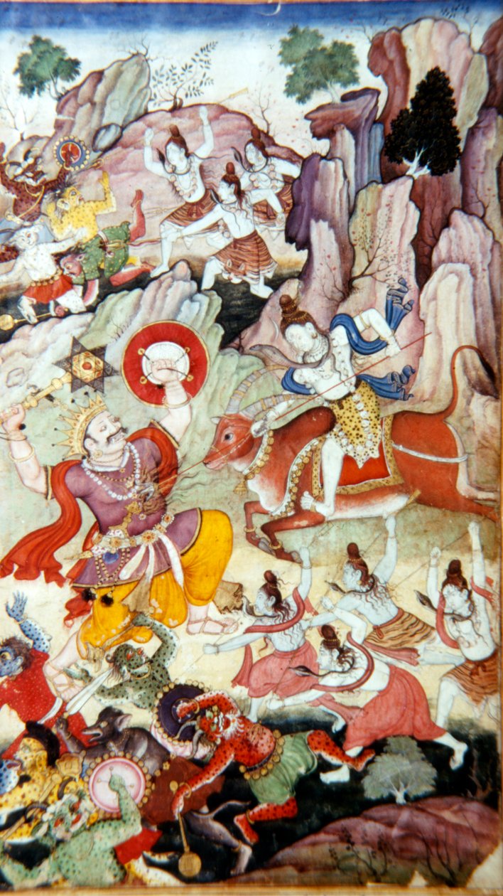 Siva Destroys the Demon and Haka, Harivamsa manuscript, Mughal School by Unbekannt