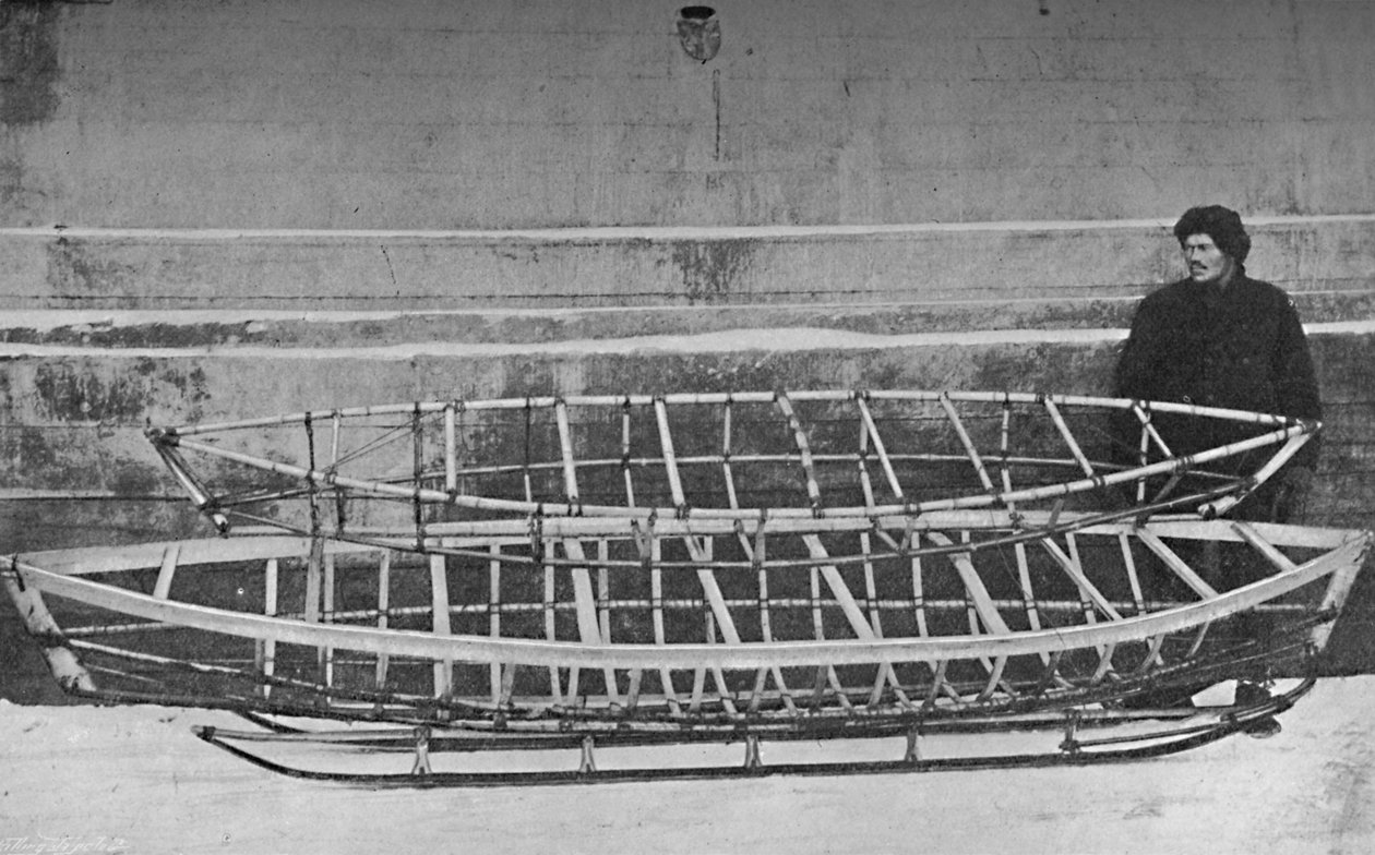 Skeletons of Kayak for One Man Bamboo, and Double Kayak, Lying on a Hand-Sledge by Unbekannt