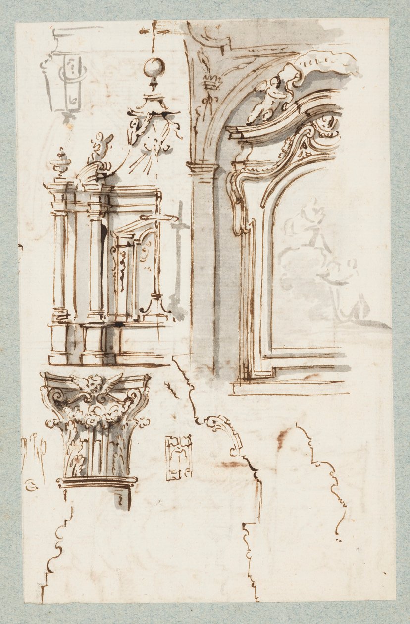 Sketches of an Altar, a Chapel Section, a Capital and Profiles of Cornices by Unbekannt