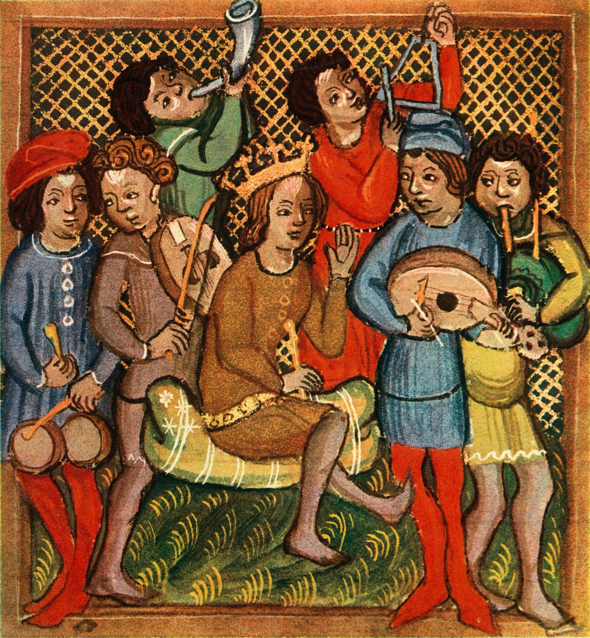 Small Drums, Fiddle, Horn, Triangle Lute and Bagpipes, Olomouc Bible by Unbekannt