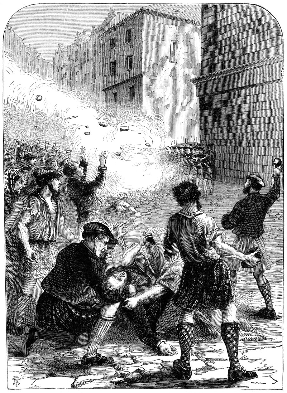 Soldiers firing on rioters during the insurrection at Glasgow, 1706, 19th century by Unbekannt