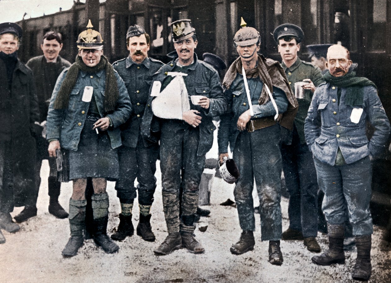 Some Cheerful Wounded from the Neuve Chapelle Fighting, Wearing Captured German Helmets, 1915 by Unbekannt