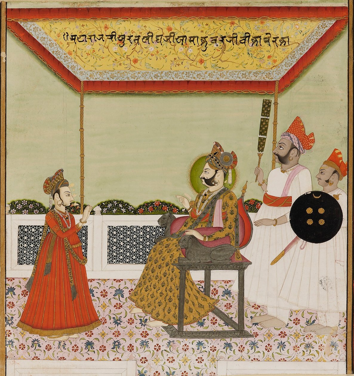 Surat Singh Sits on a Lion-Armed Throne and Receives His Young Son, c1800 by Unbekannt
