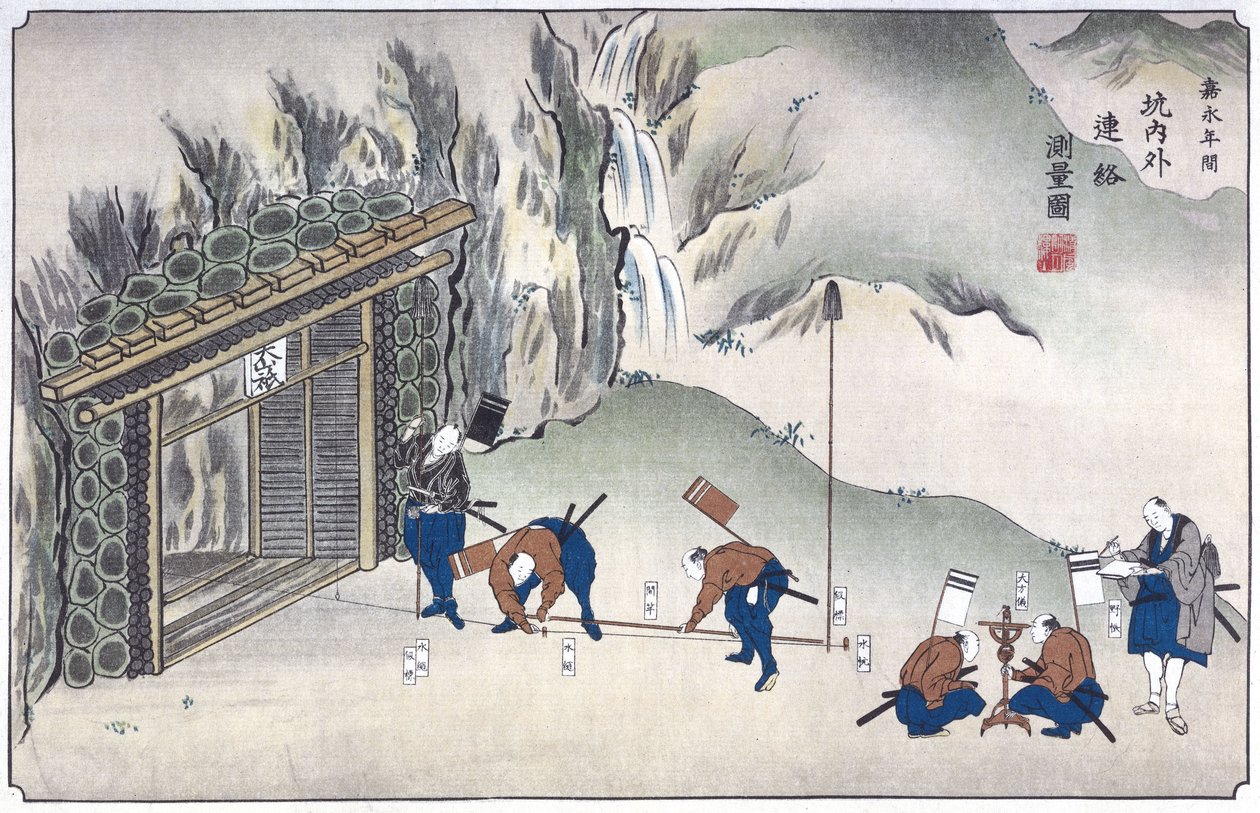 Surveying the entrance to a mine, Japan, c 1850 by Unbekannt