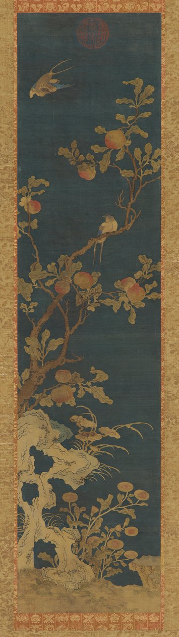 Tapestry: birds, peach-tree, rocks, and flowers on a blue ground, Qing dynasty, 1644-1911 by Unbekannt