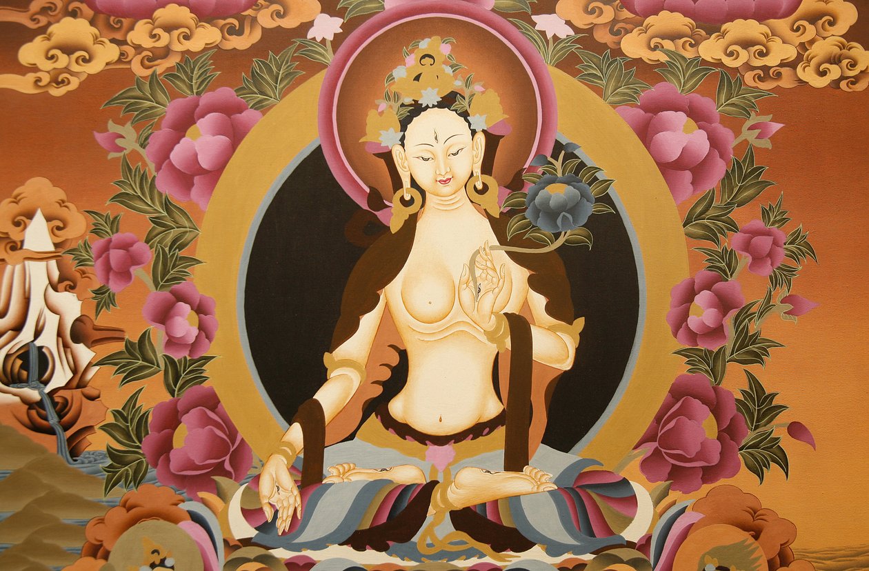 Thangka depicting White Tara goddess, Buddhist symbol of long life, Bhaktapur, Nepal by Unbekannt