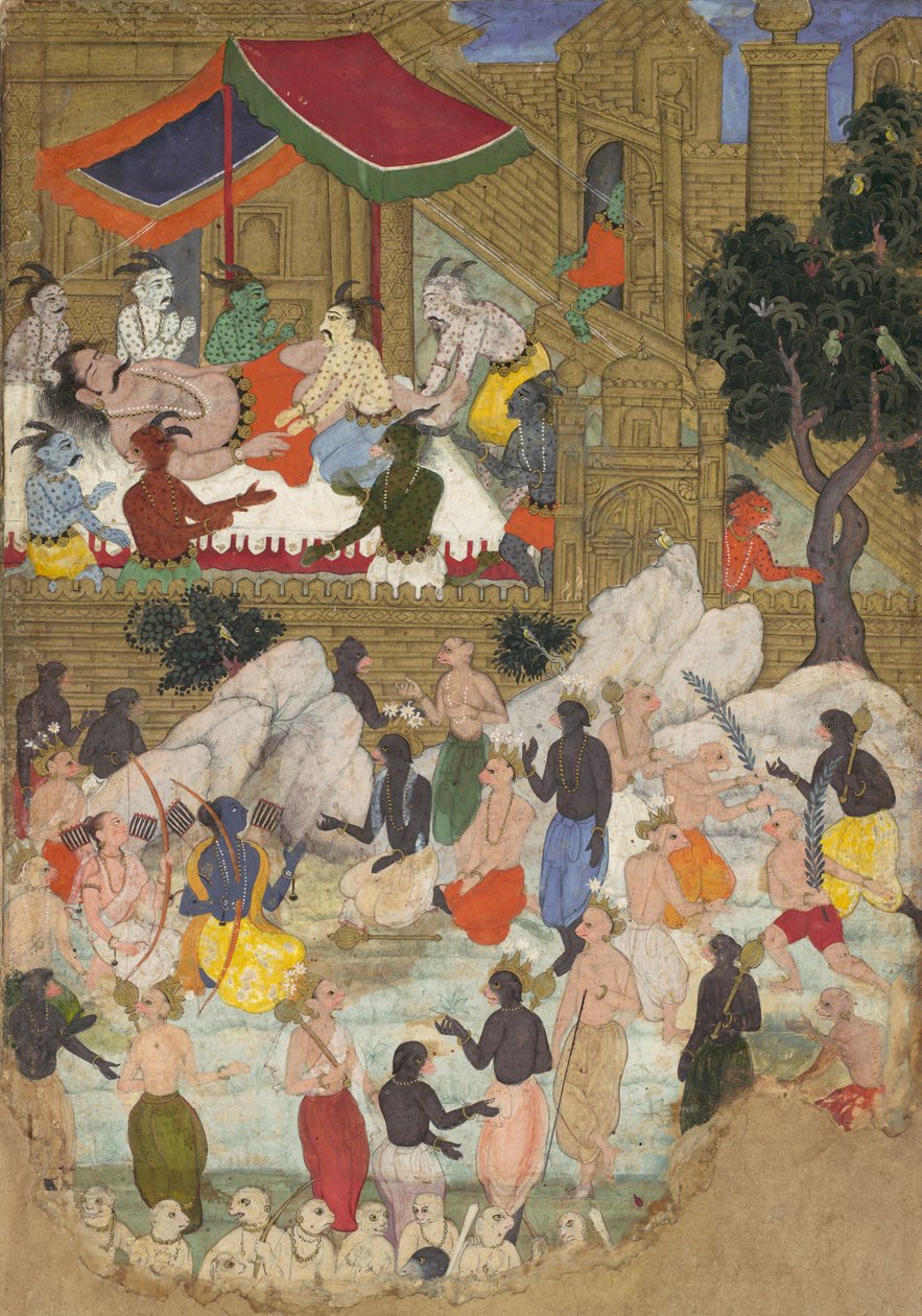 The Awakening of Kumbhakarna in the Golden City of Lanka, Folio from a Ramayana, ca. 1605 by Unbekannt