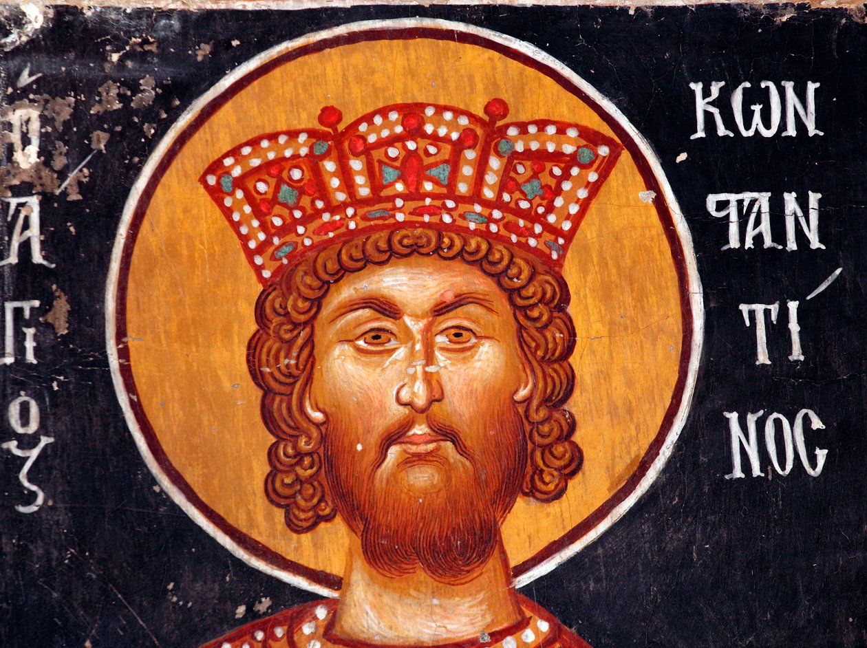 The Byzantine Fresco from the 15th Century (Detail): The Emperor Constantine, Wall Painting, Michael Archangel Church in Pedoulas, Cyprus, Painted Churches UNESCO Site, Troodos, Cyprus by Unbekannt