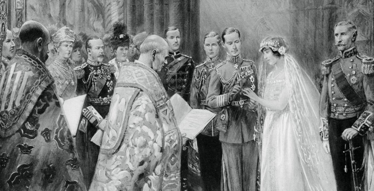 The Duke of York placing the ring on Lady Elizabeth Bowes-Lyon