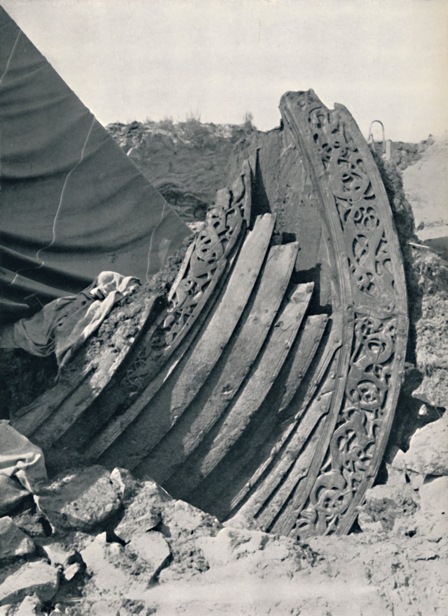 The Oseberg Ship in the Mound, Showing the Carving on Stem and Railing by Unbekannt
