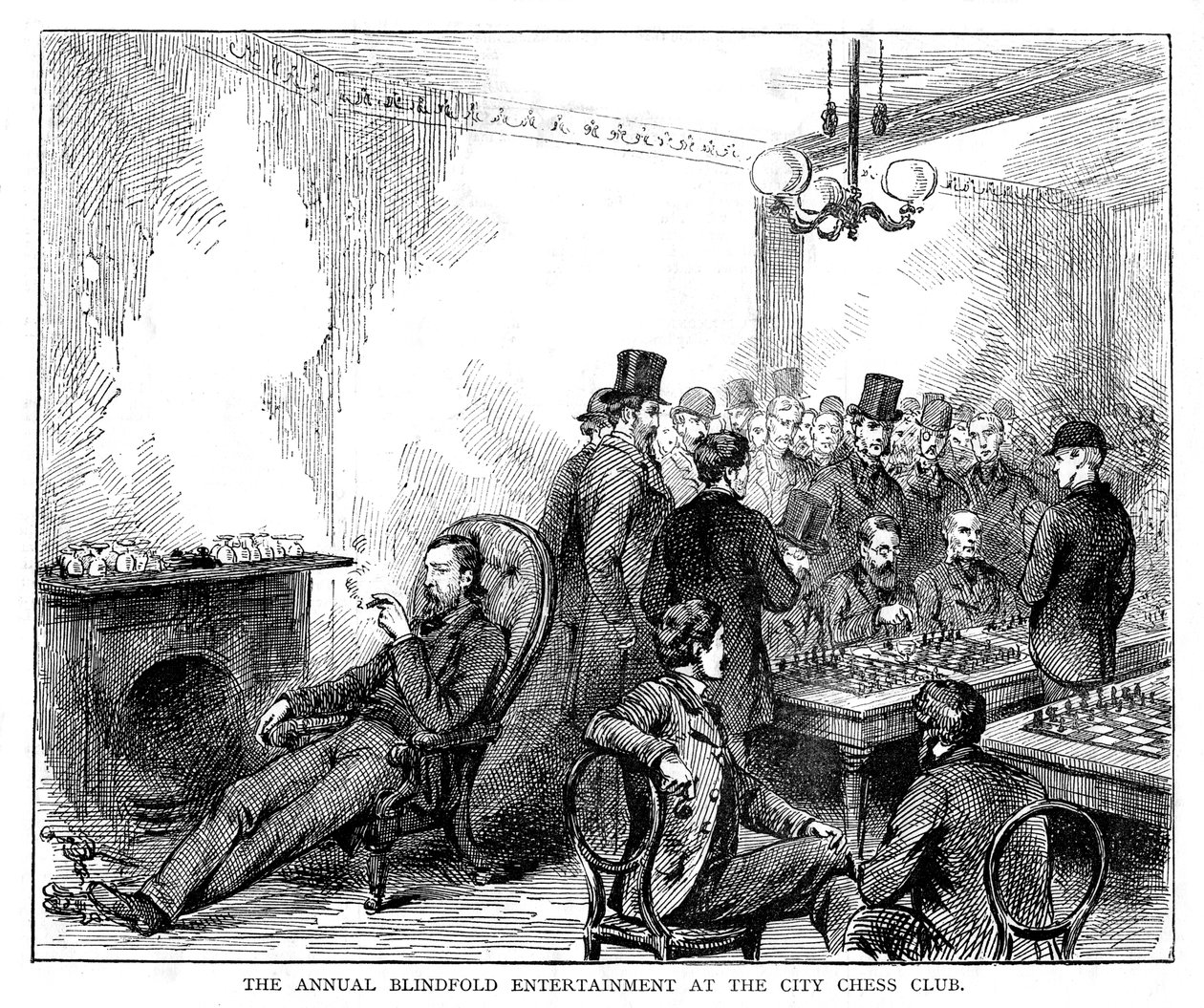 The annual blindfold entertainment at the city chess club, 1876 by Unbekannt