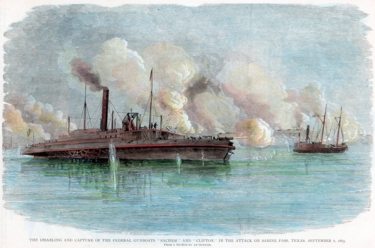 The attack on Sabine Pass, Texas, American Civil War, 8 September 1863 by Unbekannt