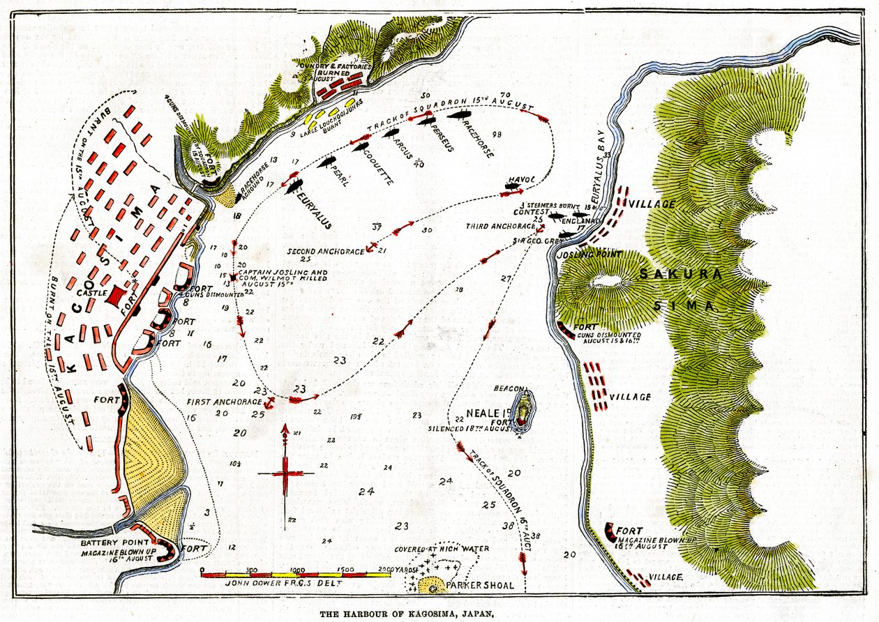 The bombardment by the Royal Navy of the harbour of Kagoshima, Japan, 1863 by Unbekannt