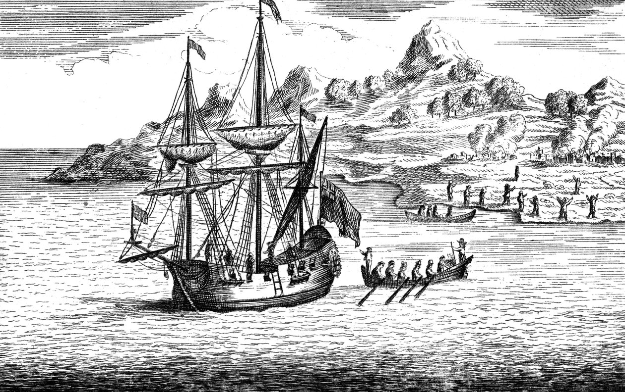 The massacre and burning of two villages at Madagascar, c16th century by Unbekannt