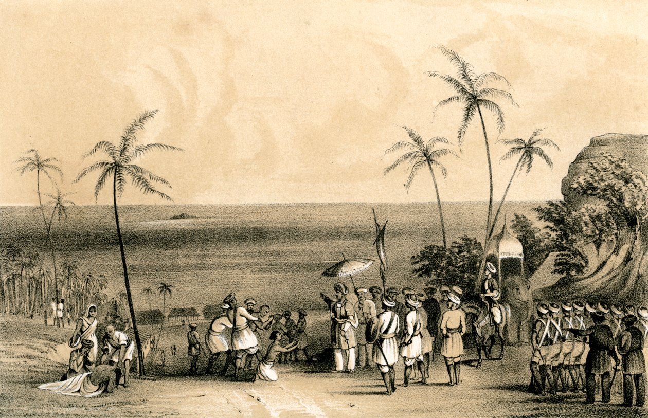 The merchants of Calicut seized and chained to a barren rock by order of Tippoo Saib, 1847 by Unbekannt