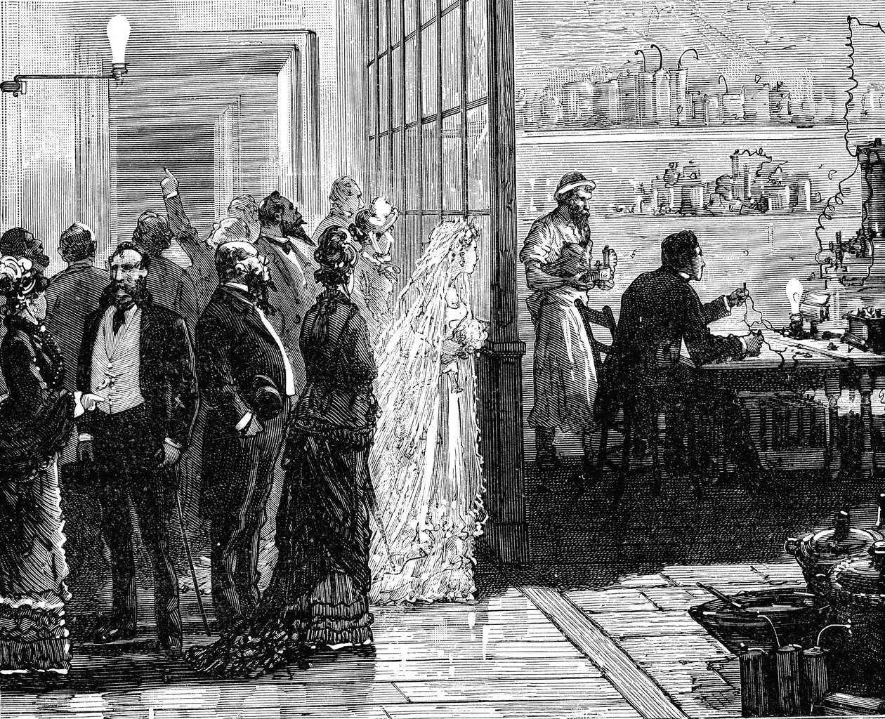 Thomas Edison experimenting with electric lamps on his wedding day by Unbekannt