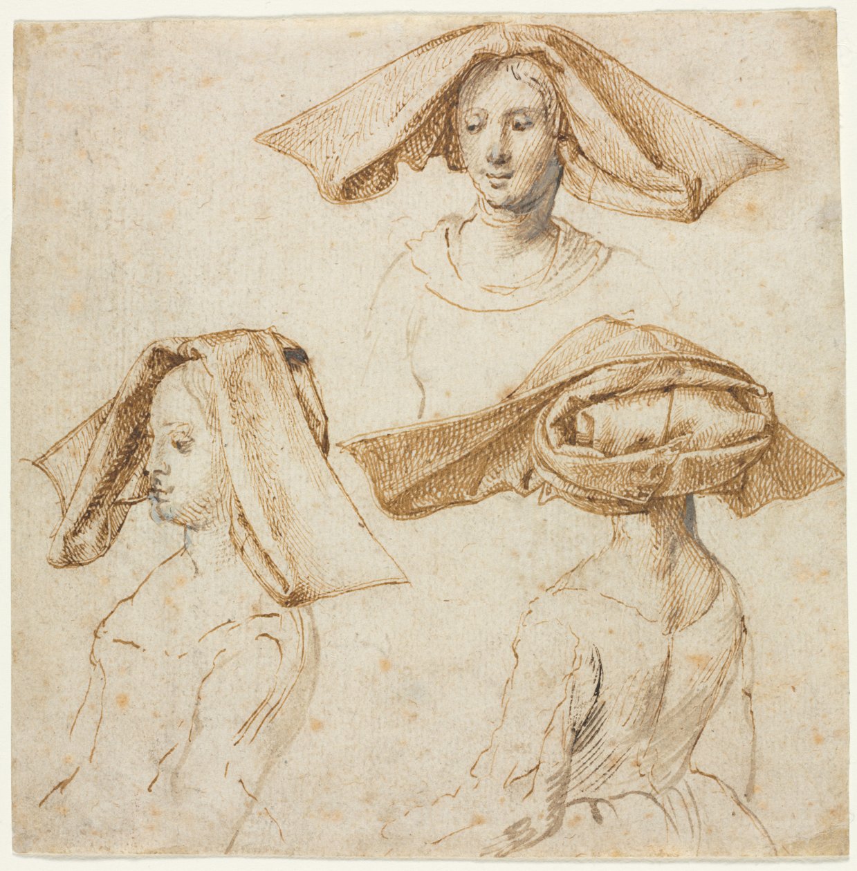 Three Studies of a Woman Wearing an Elaborate Headdress, c. 1500 by Unbekannt