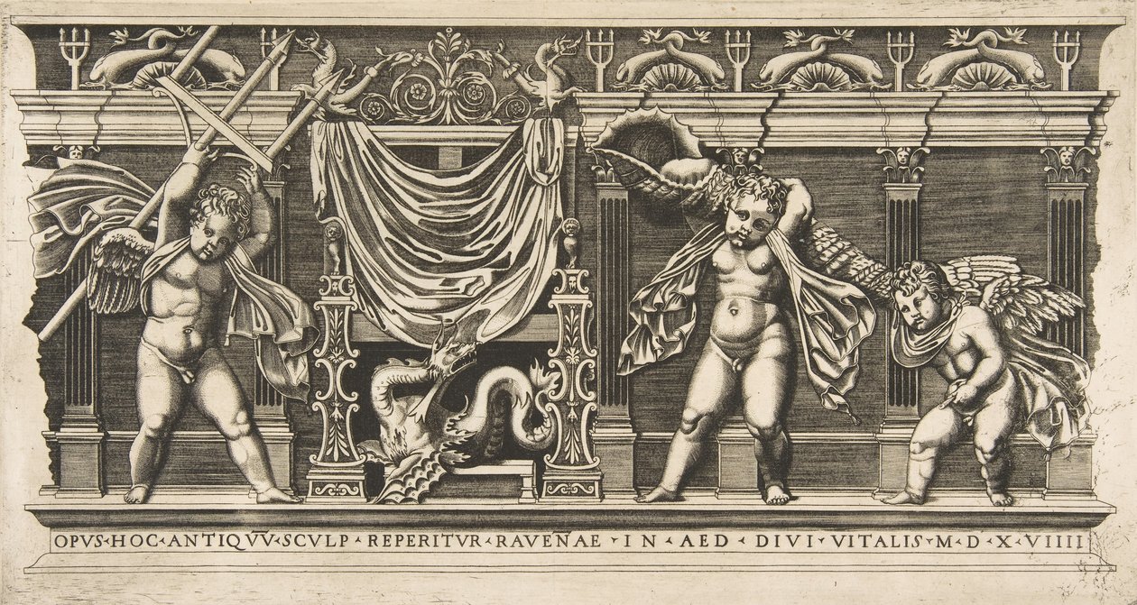 Three Cupids in Front of a Facade with Pilasters by Unbekannt