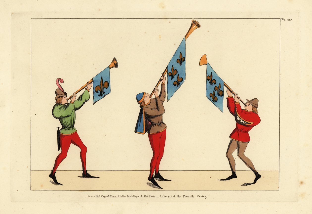 Three heralds with trumpets adorned with fleur-de-lis standards by Unbekannt