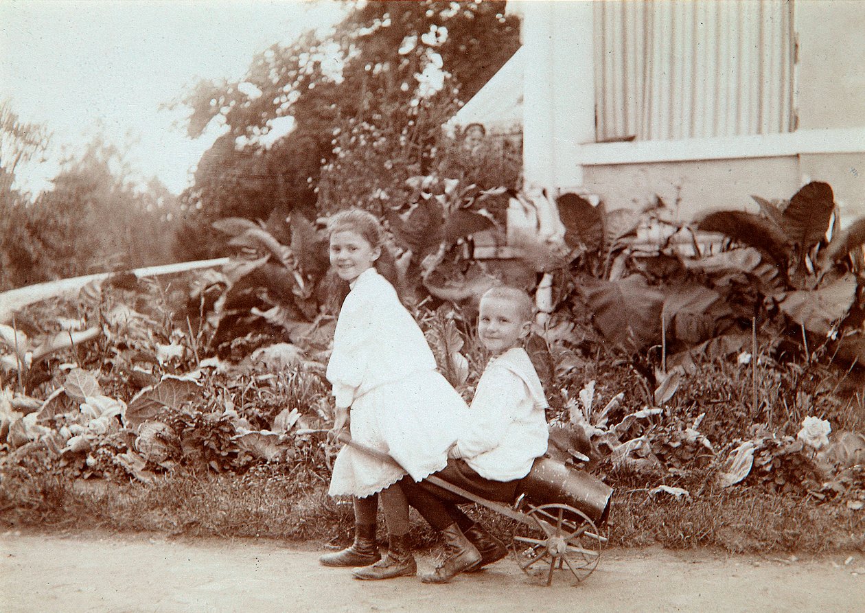 Two children playing outdoors by Unbekannt