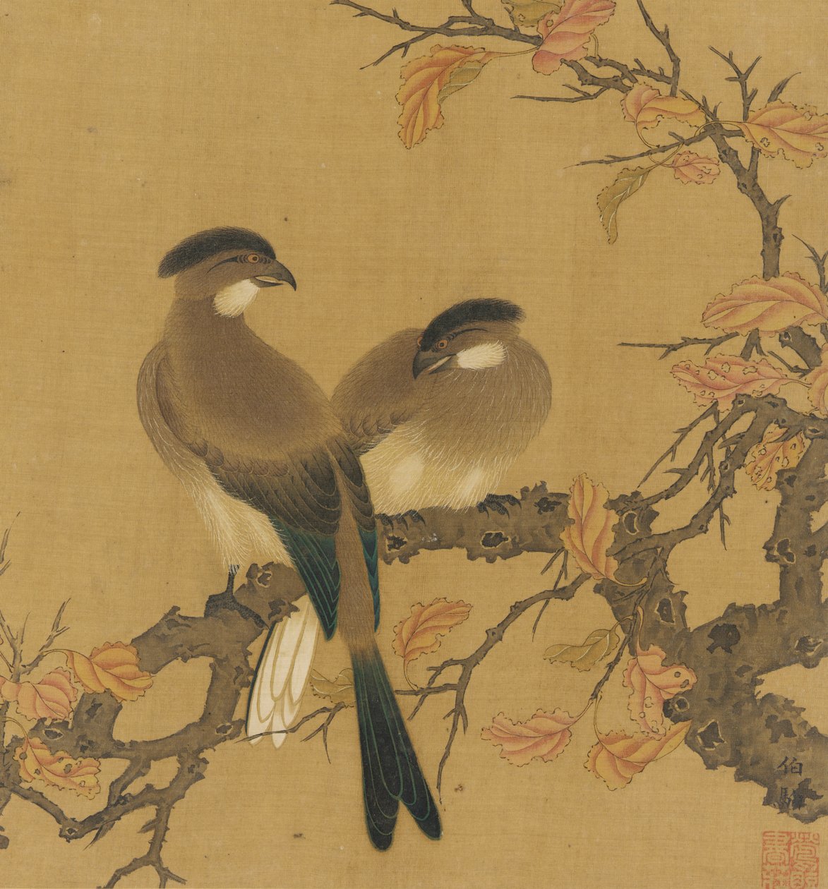 Two Crested Birds on a Branch, Autumn Leaves by Unbekannt