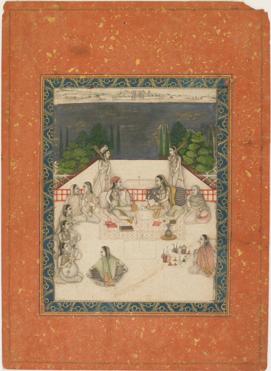 Two Women Seated on a Terrace, Surrounded by Attendants and Musicians by Unbekannt