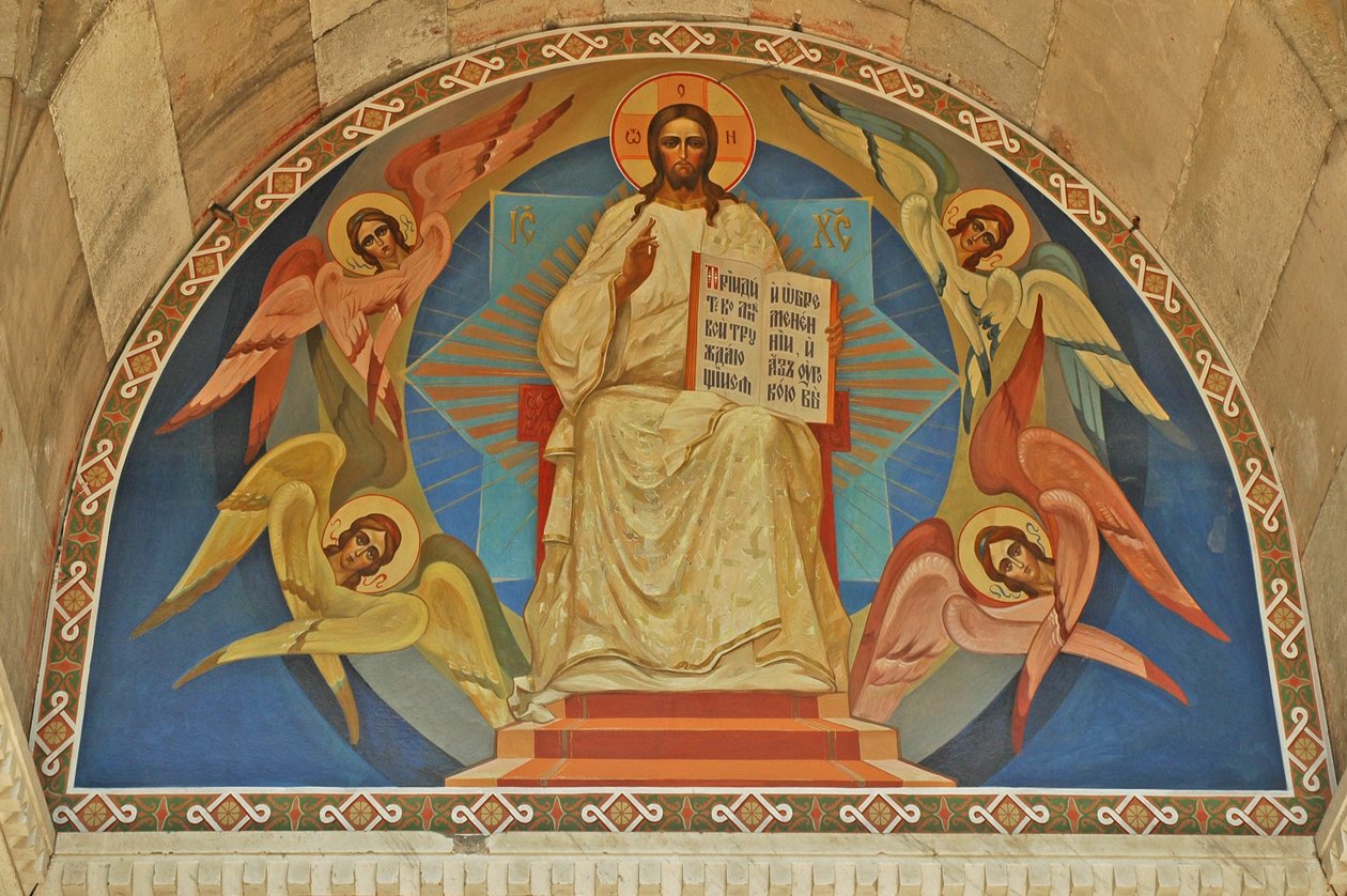 Ukraine, Sevastopol, St Vladimir’s Orthodox Cathedral (burial vault of admirals), fresco above entrance by Unbekannt