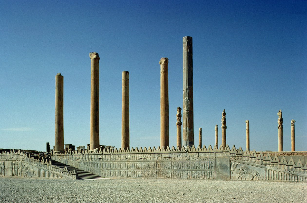 View of the Apadana (audience hall) columns and East staircase, Achaemenian period, 5th century BC by Unbekannt