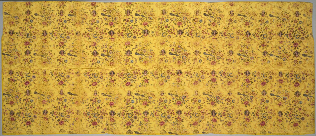 Wall cover with flora, peacocks, and portrait medallions by Unbekannt