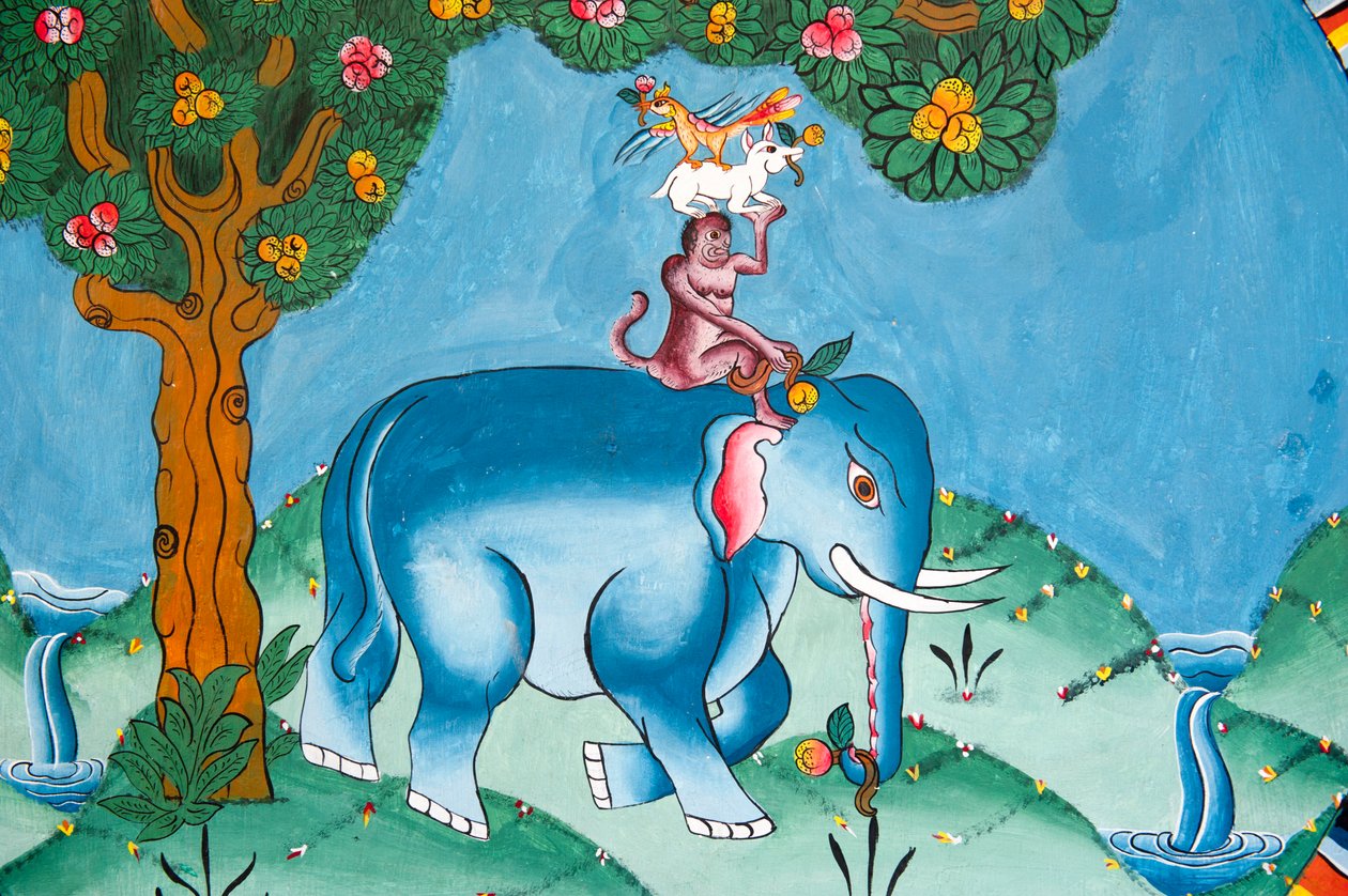 Legend of the Four Friends: Elephant, Monkey, Rabbit, and Rooster, Kharbadi Gompa, Bhutan by Unbekannt