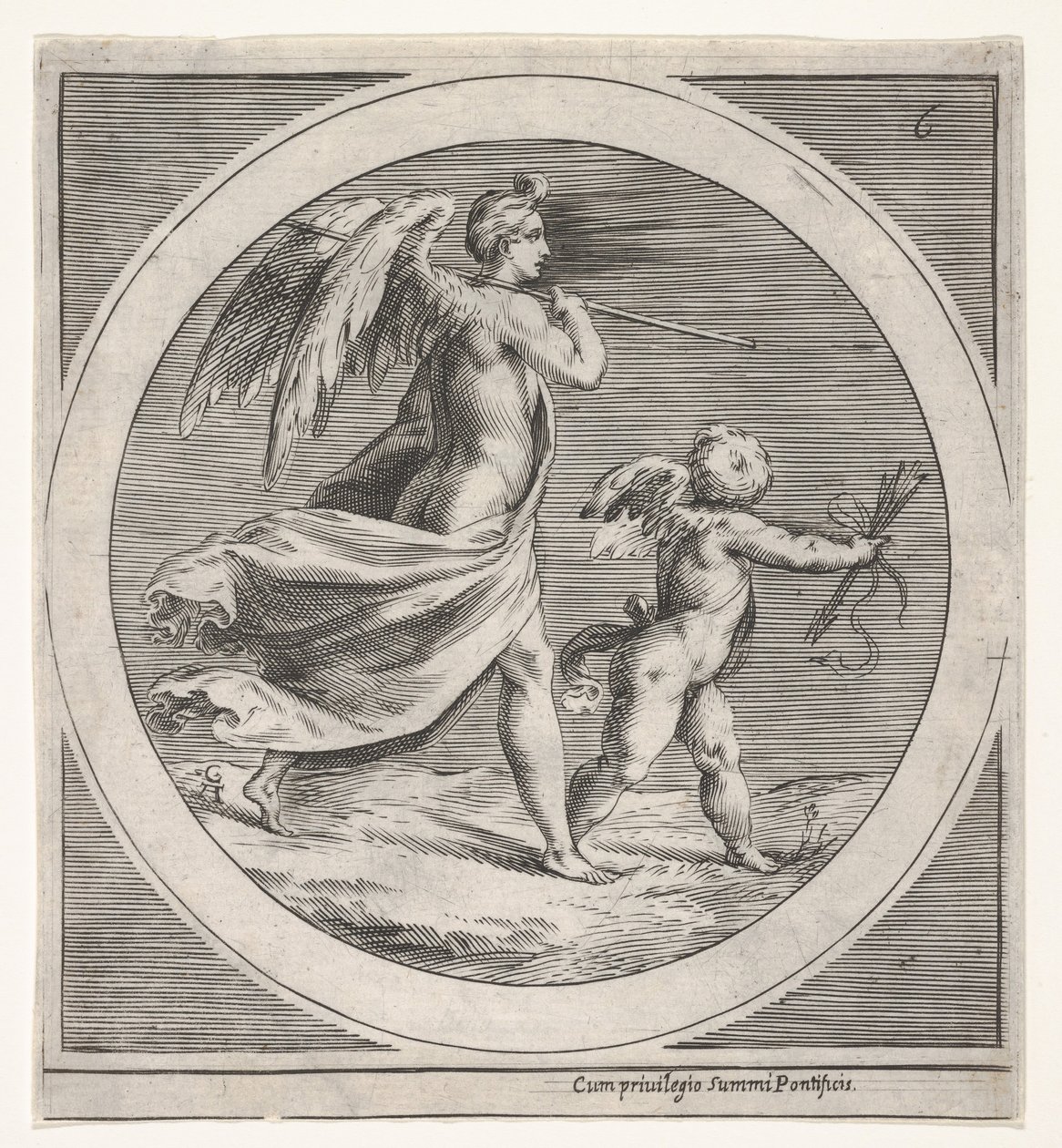 Winged Female Figure, Draped and Carrying a Staff, Striding Behind a Winged Putto by Unbekannt