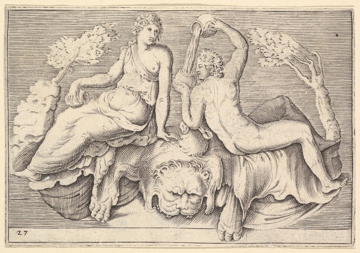 Woman and Man Seated on Lionskin, Man Pouring Wine by Unbekannt