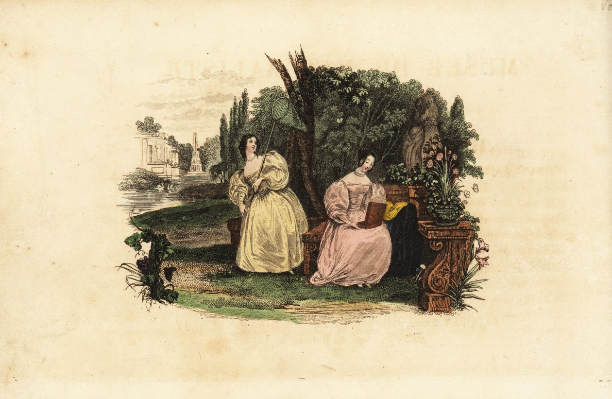 Women entomologists catching butterflies in a garden, mid 19th century by Unbekannt