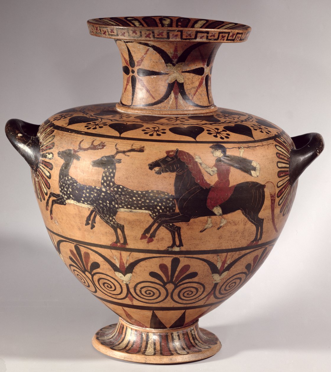 Hydria, hunting scene, Archaic Greek, black figured Etrusco-Ionian period, c.540-530 BC (pottery) by Unbekannt Unbekannt