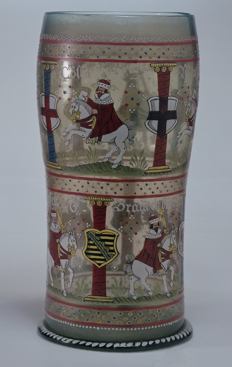 Kurfuerstenhumpen (German Electoral Glass) Enamelled with Scenes of Emperor and Seven Electors Riding White Horses, Bohemian, 1625 by Unbekannt Unbekannt
