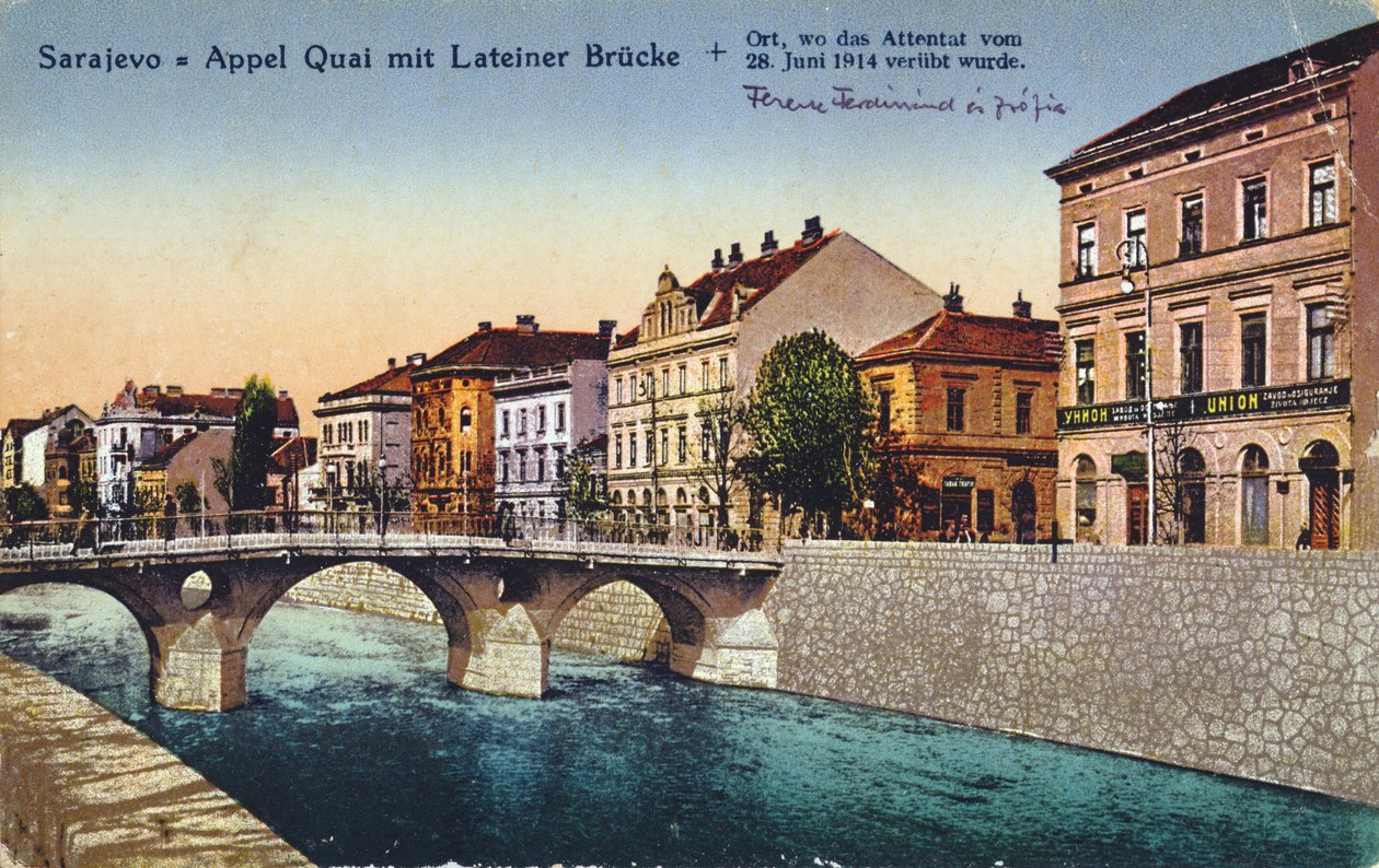 Postcard Depicting Sarajevo, the Appel Quay and the Lateiner Bridge, Site of the Assassination of Archduke Franz-Ferdinand and His Wife Sophie on 28 June 1914, c. 1920 by Unbekannt Unbekannt