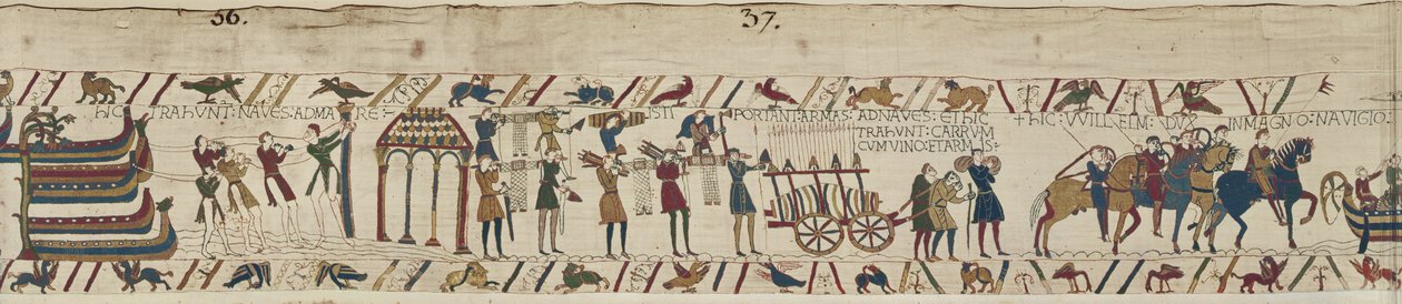 Normans Carrying Arms to the Ships and Pulling a Cart Loaded with Wine and Arms, Bayeux Tapestry by Unbekannt Unbekannt