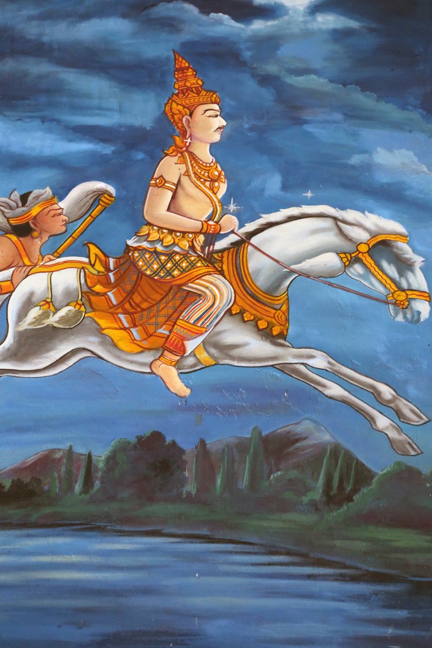 Painting Depicting the Life Story of Shakyamuni Buddha: Buddha Leaves His Palace at Night on His Horse Kanthaka Followed by His Driver Channa, Vientiane, Laos by Unbekannt