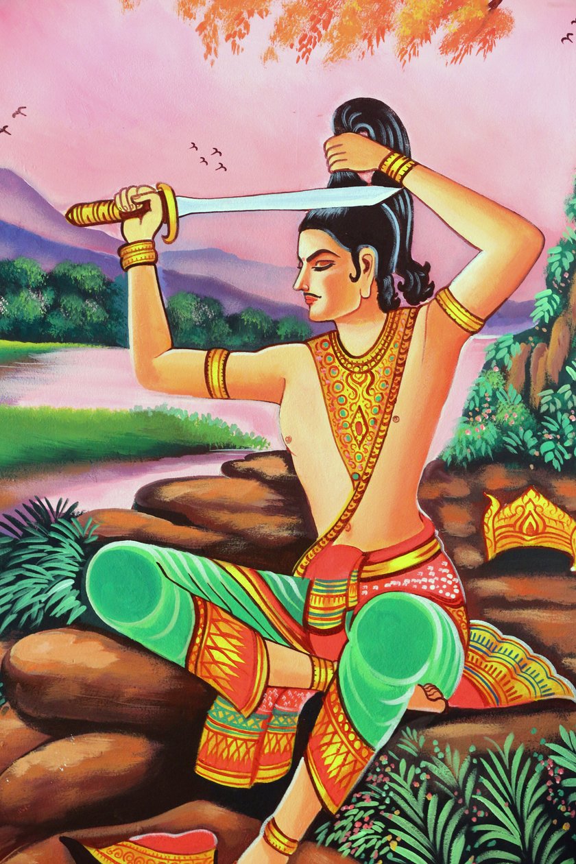 Wat Si Muang (Simuong) Buddhist Temple. Painting Depicting the Life Story of Shakyamuni Buddha. The Future Buddha Shaves Off His Hair to Become a Monk, Vientiane, Laos, 2015 by Unbekannt