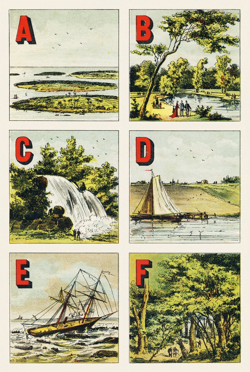 A B C D E F: Archipelago, Bois de Boulogne, Cascade, Dyke, Reef, Forest of Fontainebleau - Engraving from Geographical Alphabet. Guerin-Muller et Cie, publishers, Paris by Unbekannt