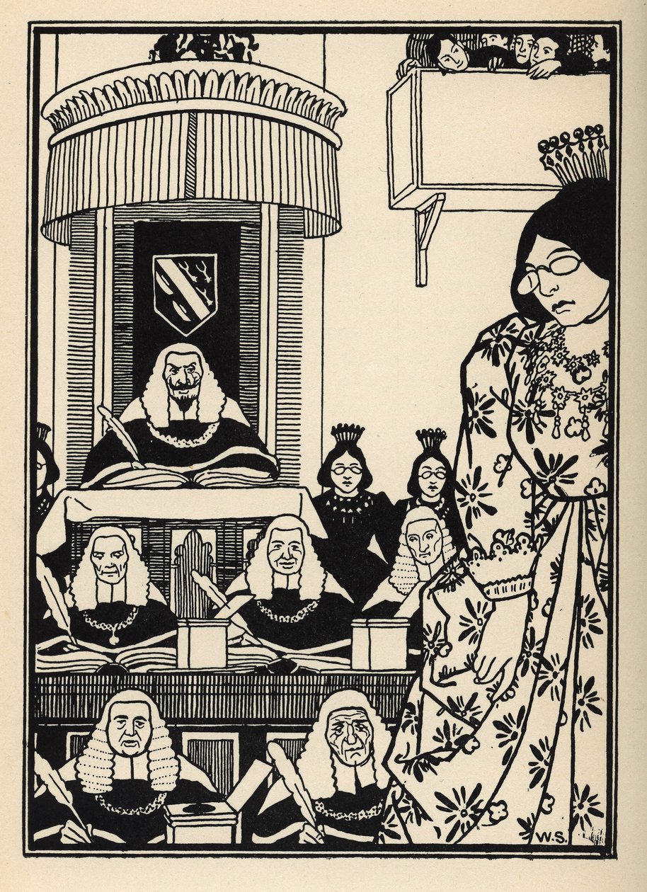 A court largely feminine appears to the Baron an irony worthy of mention among his adventures. Illustration by William Strang and JB Clark from The Adventures of the Baron of Munchausen by Rudolf Erich Raspe by Unbekannt