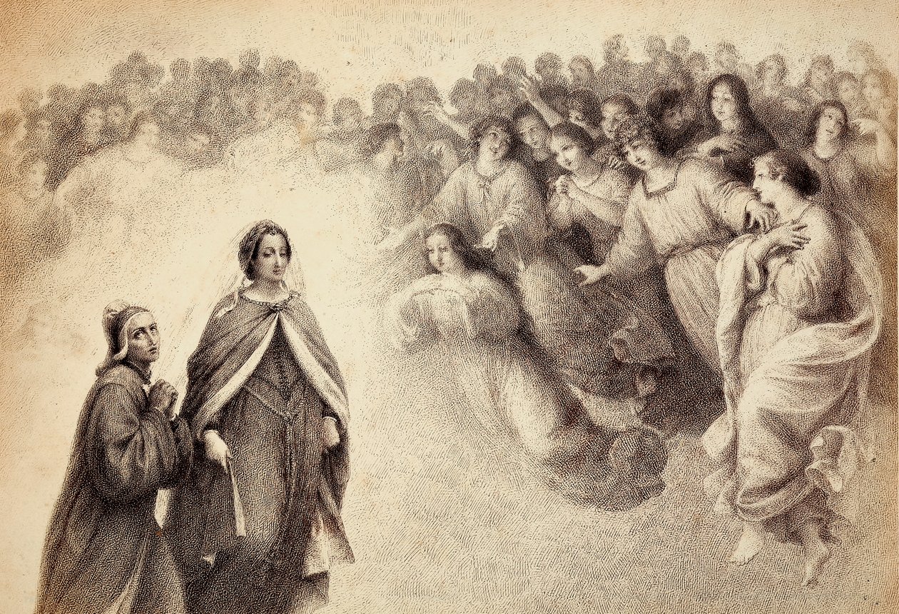 A flock of shades approach Dante and Beatrice. Illustration of the Canto V of Paradiso of The Divine Comedy of Dante Alighieri. Work of Francesco Scaramuzza dedicated to the Municipality of Florence by Unbekannter Künstler