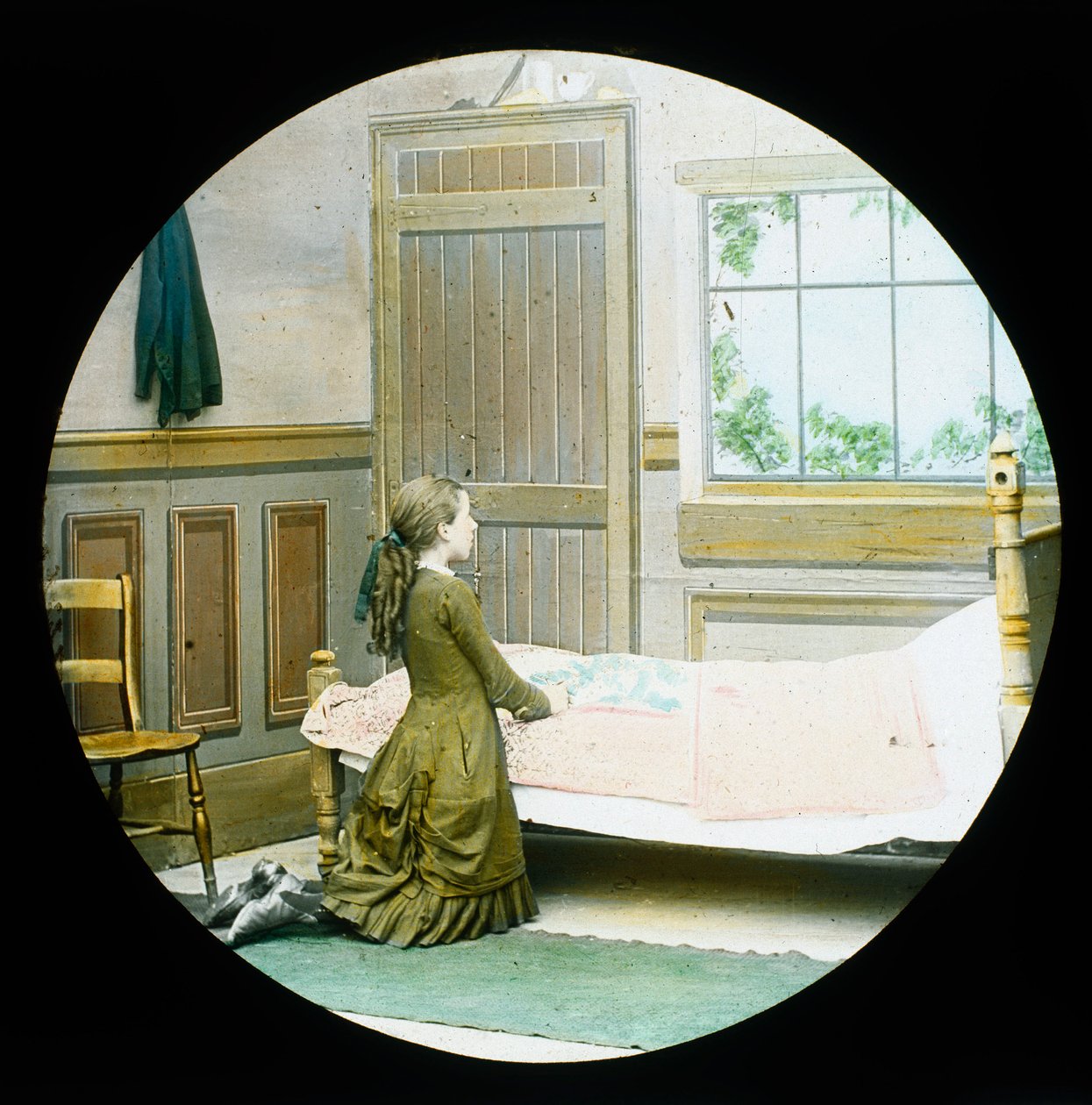 A Girl Kneeling in Prayer at Her Bedside, Magic Lantern Slide, c 1890 by Unbekannt
