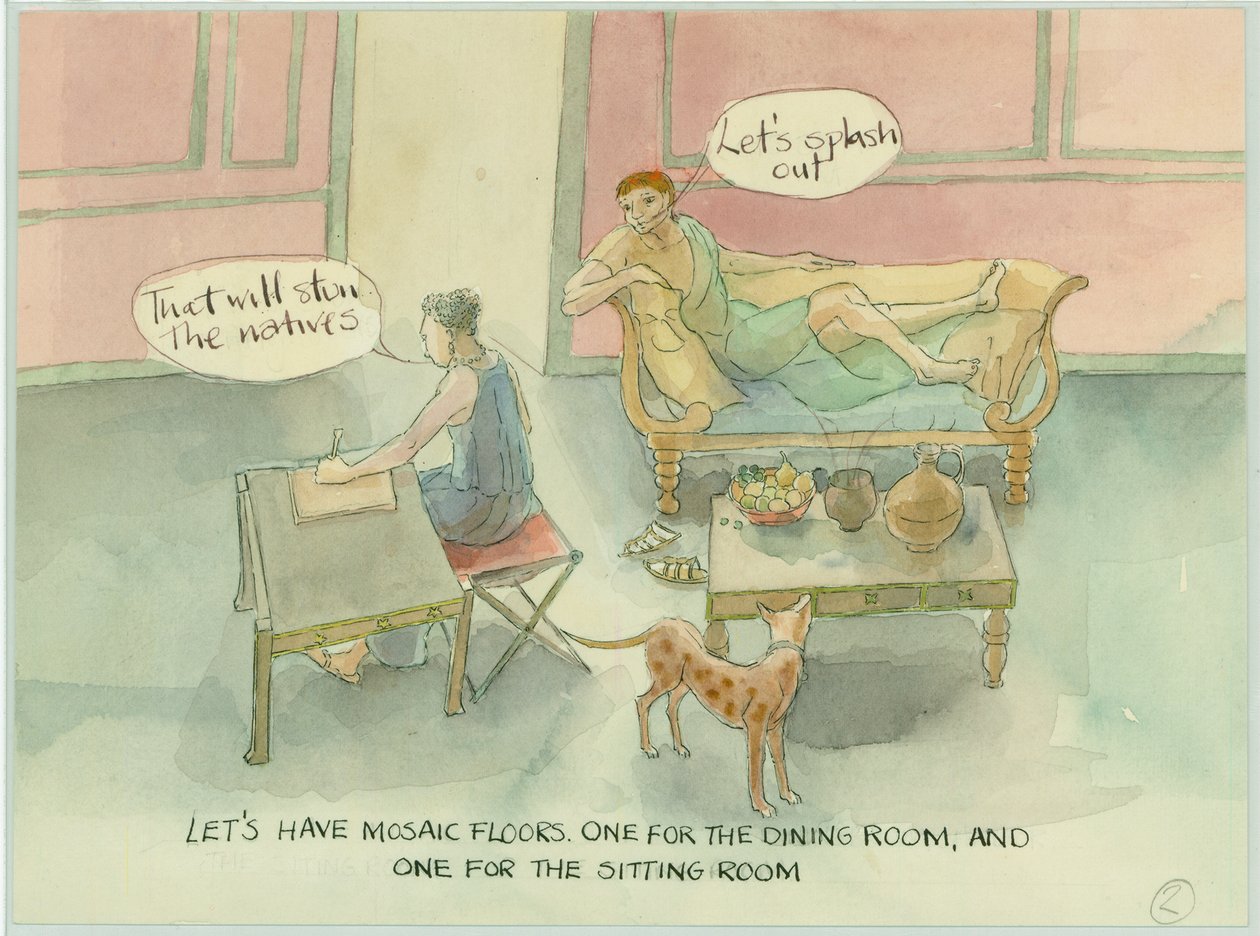 A Reconstruction Illustration Showing Two Characters in Their Newly Built Villa and Considering Adding a Mosaic Floor, in the Book Marcus and Julia