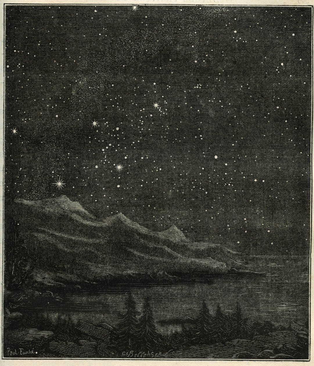 A starry night perfect for observing the sky. Engraving from Camille Flammarion