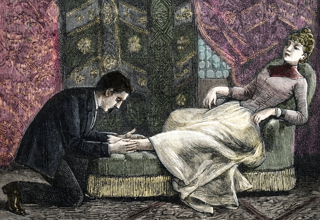 A young woman suffering from a sprain is massaged by her doctor by Unbekannter Künstler
