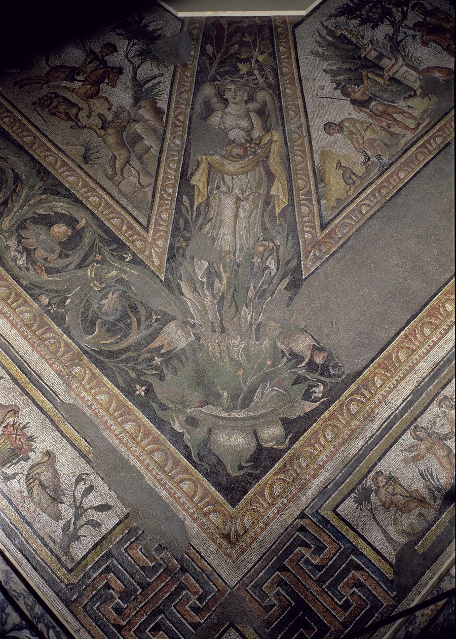 Allegorical figure of Autumn, detail of a mosaic pavement depicting the seasons and hunting scenes, from the Constantinian Villa at Daphne, Roman, c.325-330 AD by Unbekannt