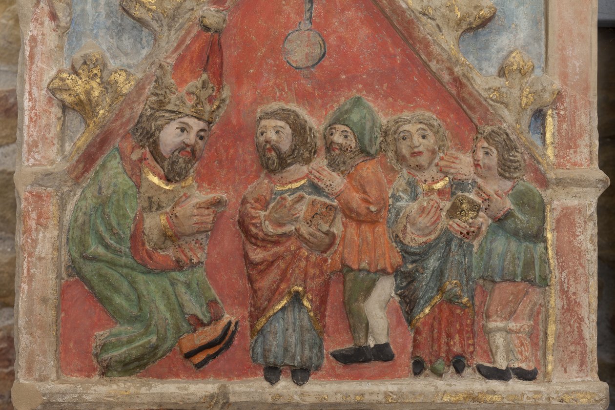 Altarpiece. polychrome stone. Second half 14th century. Origin former parish church of Torre de Rialb. (detail) Mid register. Left panel. Upper part: the Saints Iscle and Victoria with the officials. by Unbekannt